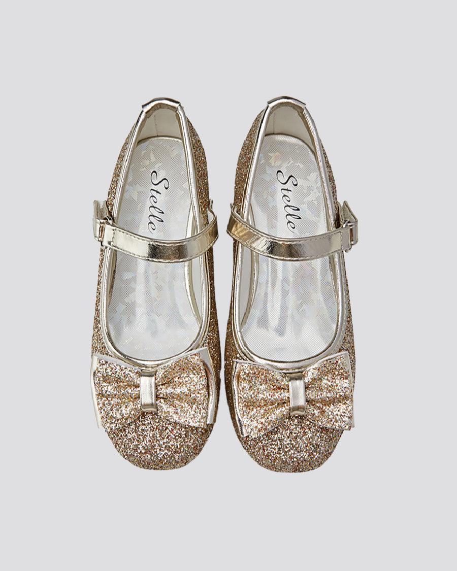 Gold Girls Glitter Mary Jane Low Heel Shoes