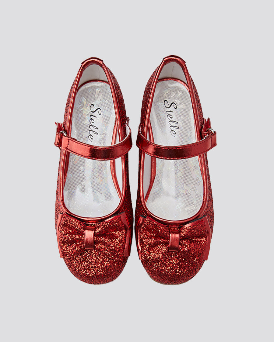 Red Girls Glitter Mary Jane Low Heel Shoes