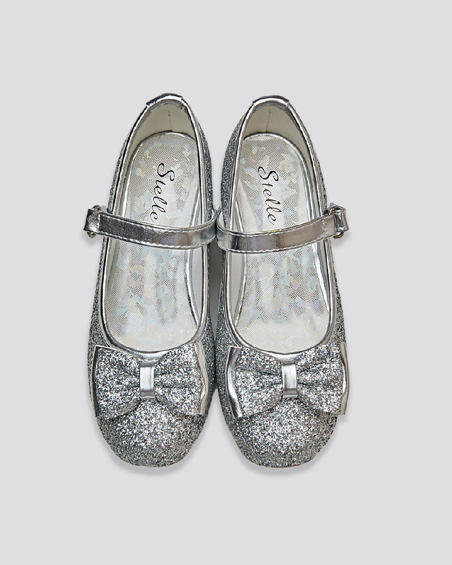 Silver Girls Glitter Mary Jane Low Heel Shoes