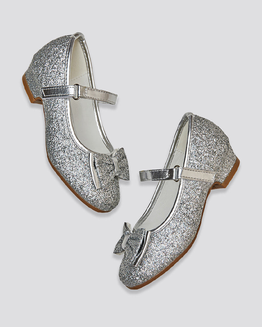 Silver Girls Glitter Mary Jane Low Heel Shoes