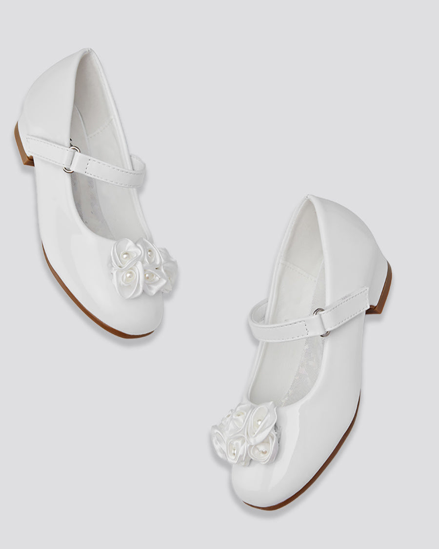 White Girls Floral Mary Jane Low Heel Party Shoes