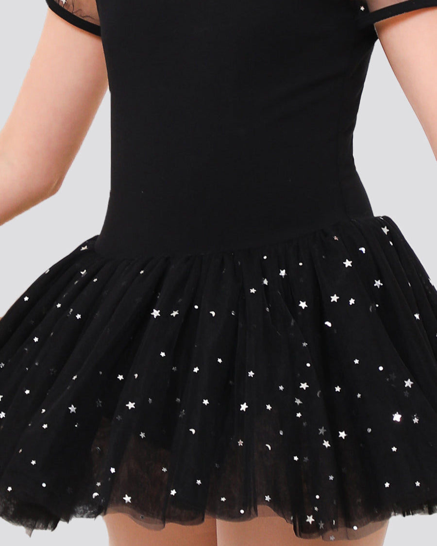 Black Girls Sparkling Sweetheart Mesh Inserted Short Sleeves Tulle Dress