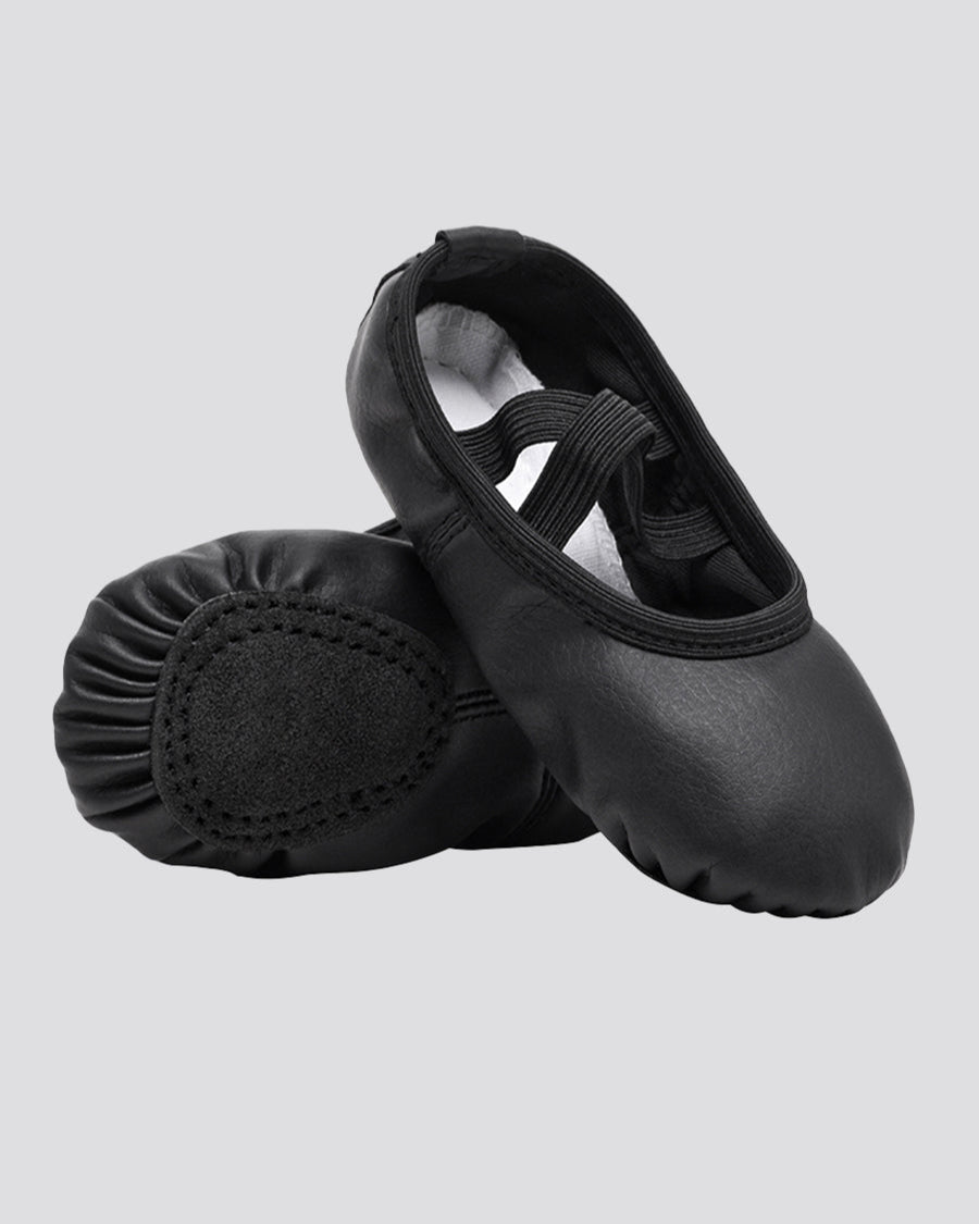 Black Kids PU Leather Ballet Shoes(split sole, no drawstring)