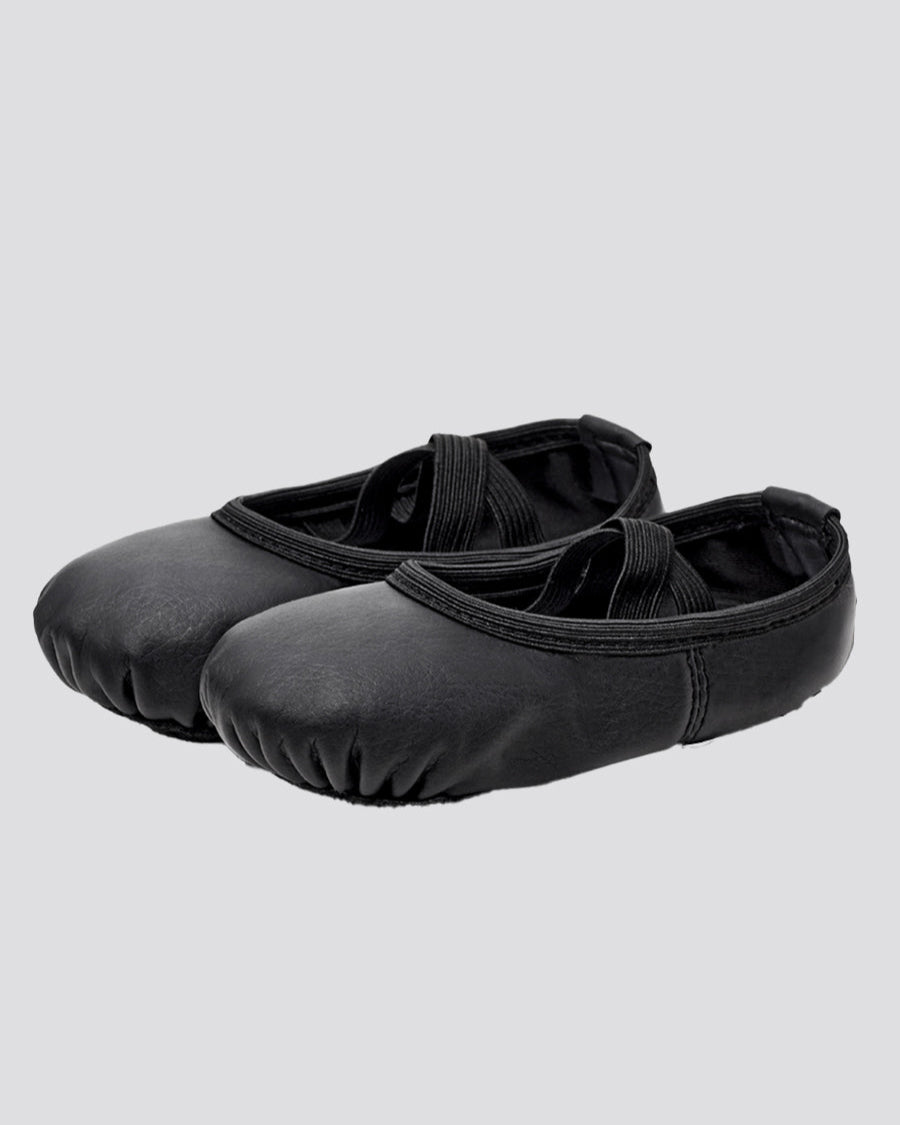 Black Kids PU Leather Ballet Shoes(split sole, no drawstring)
