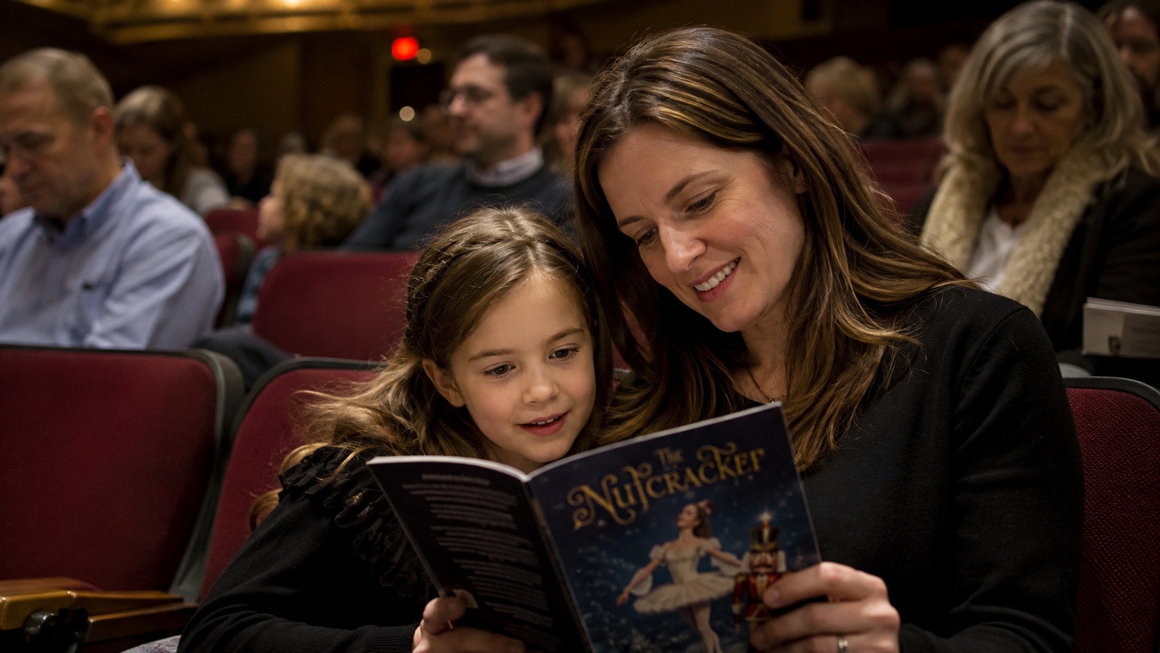 Child and parent sitting in a theater before a ballet performance, reading a Nutcracker program together.