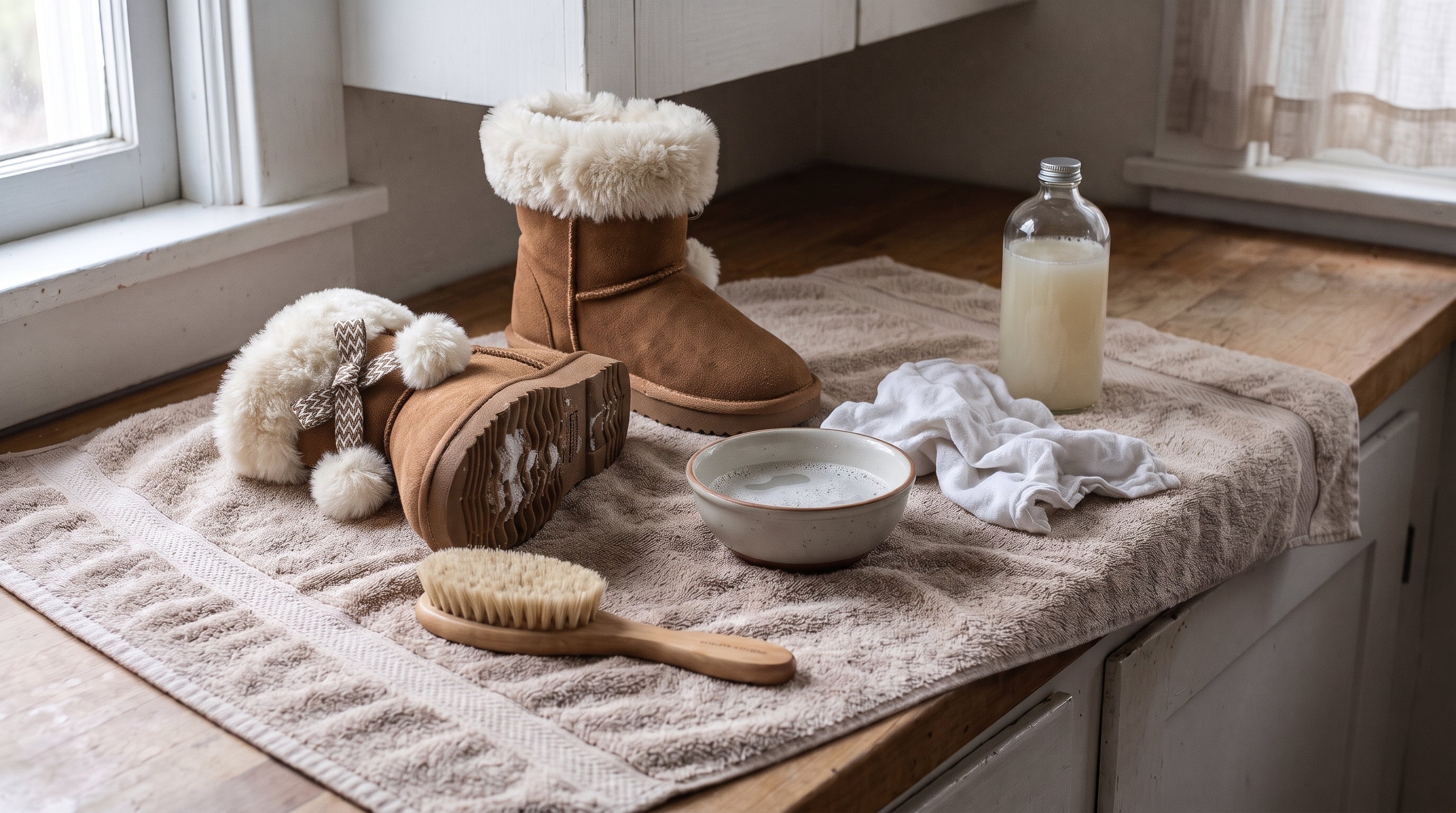 Soft brush, mild soap and cloth laid out to clean faux fur kids snow boots step by step