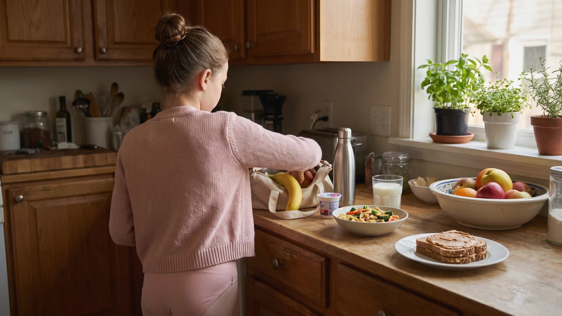Young dancer packing a water bottle and plenty of simple balanced food in the kitchen for a full day of ballet fueling