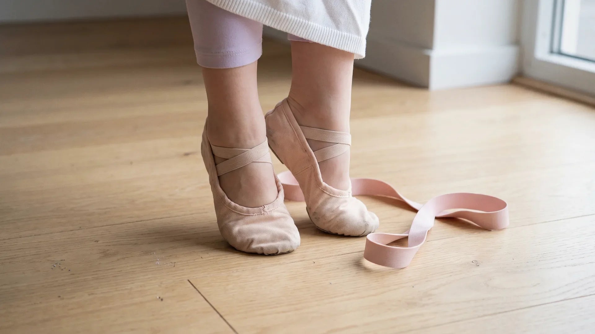 Young dancer's ballerina feet in soft pink ballet shoes on a light wood studio floor beside a resistance band