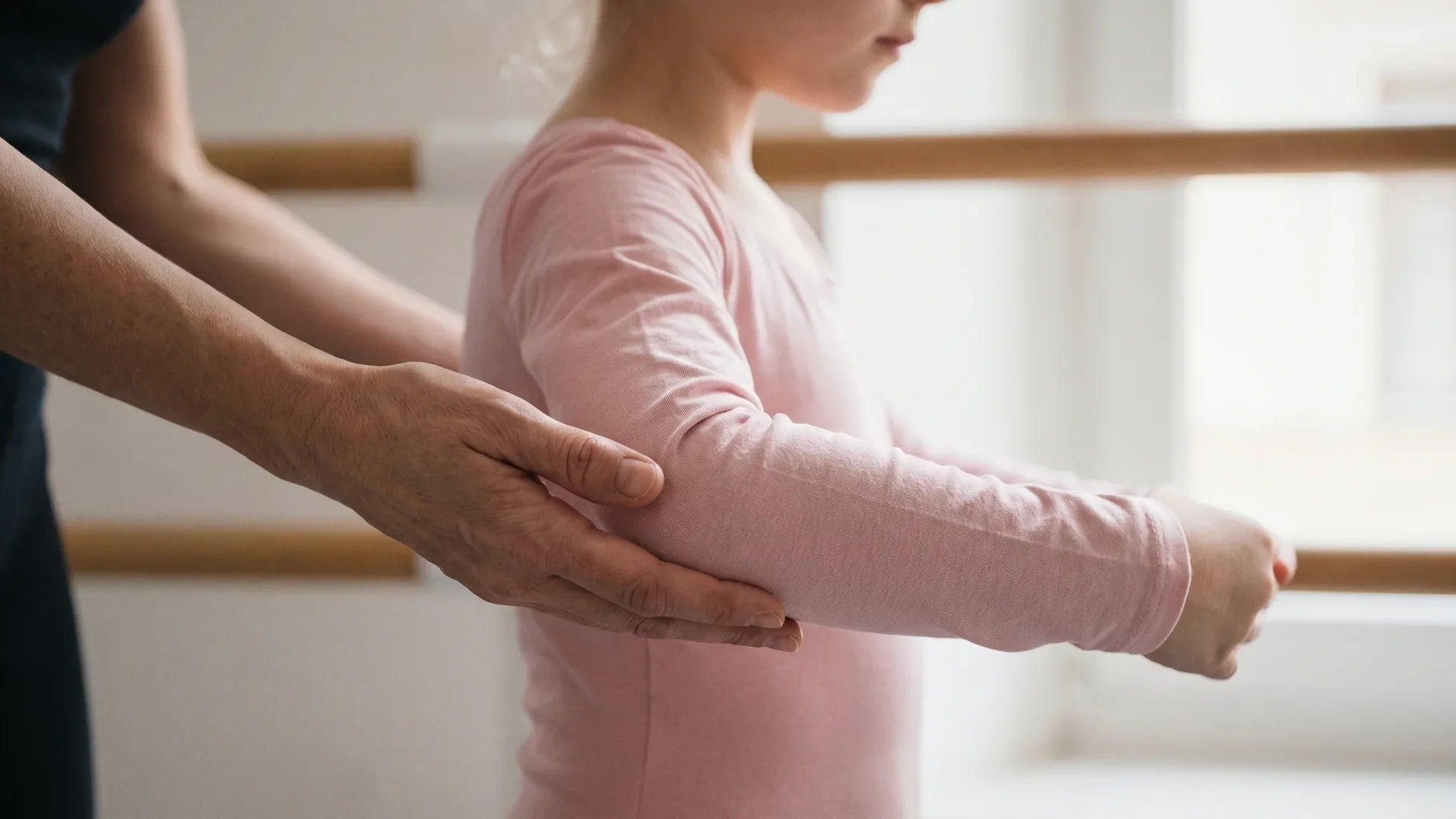 Ballet teacher gently guiding a young dancer's arm into a rounded position during port de bras practice