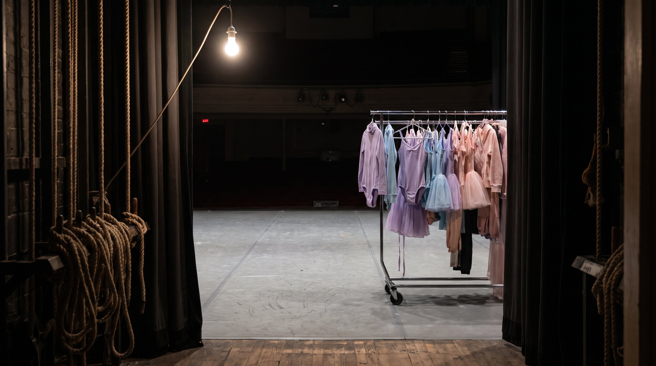 Empty theater stage seen from the wings, the working world behind a ballet dancer's salary