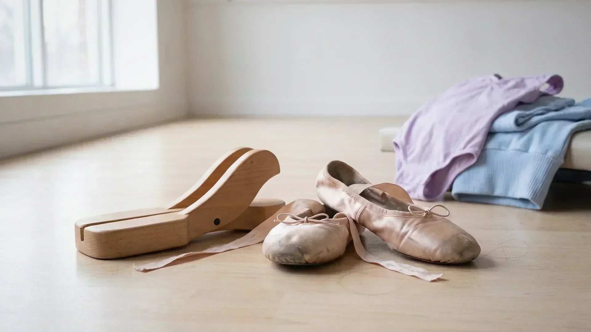 Wooden ballet foot stretcher on a light wood studio floor beside pink ballet shoes