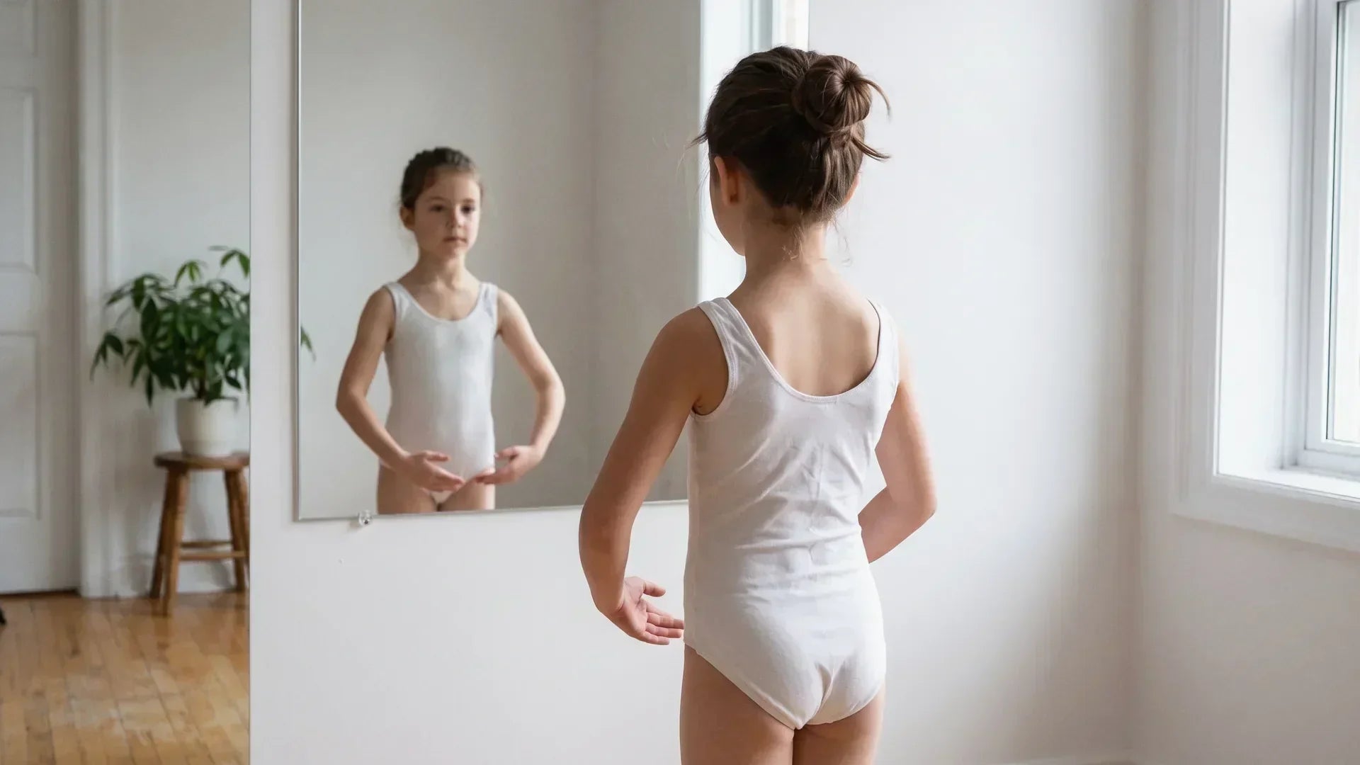 Young ballet student practicing ballet arm positions in front of a mirror at home