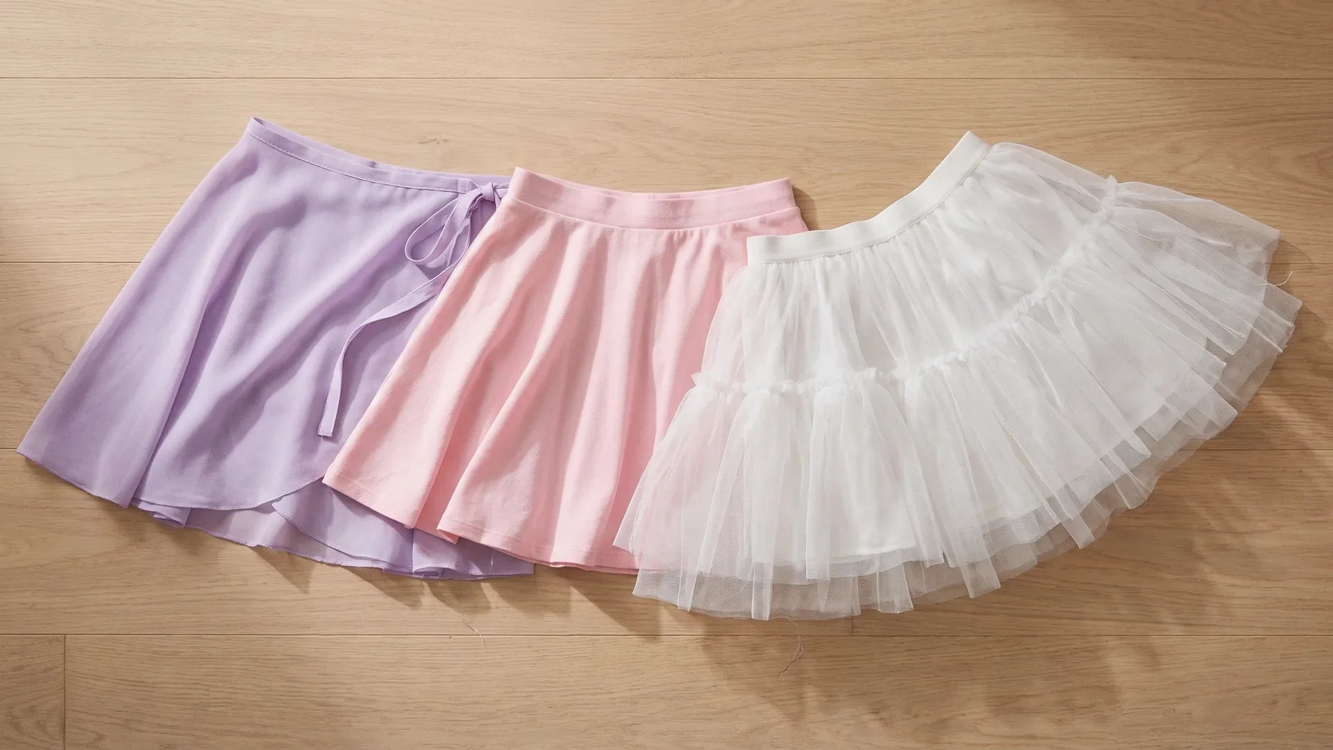 Different types of ballet skirts laid out flat: wrap skirt, pull-on skirt and tulle skirt