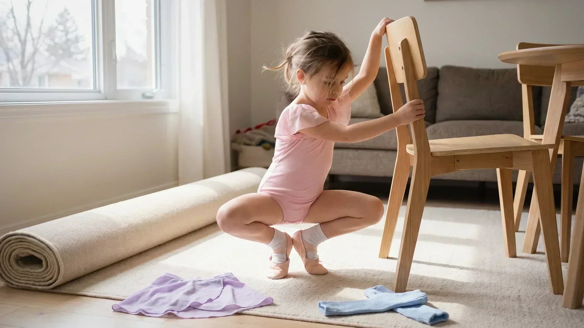 Child doing a ballet workout at home using a chair as a barre
