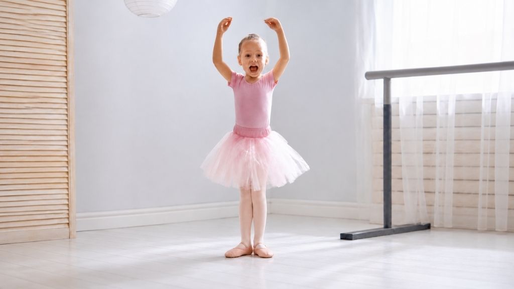 Young girl in a pink ballet leotard, tutu, tights, and leather ballet shoes posing with arms raised in a bright dance studio.
