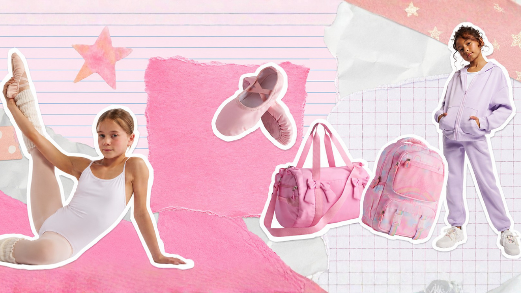 Pastel scrapbook-style collage featuring girls’ back-to-school and dance essentials, including a young dancer, a child in a lavender tracksuit, pink ballet shoes, a duffle bag, and a backpack.
