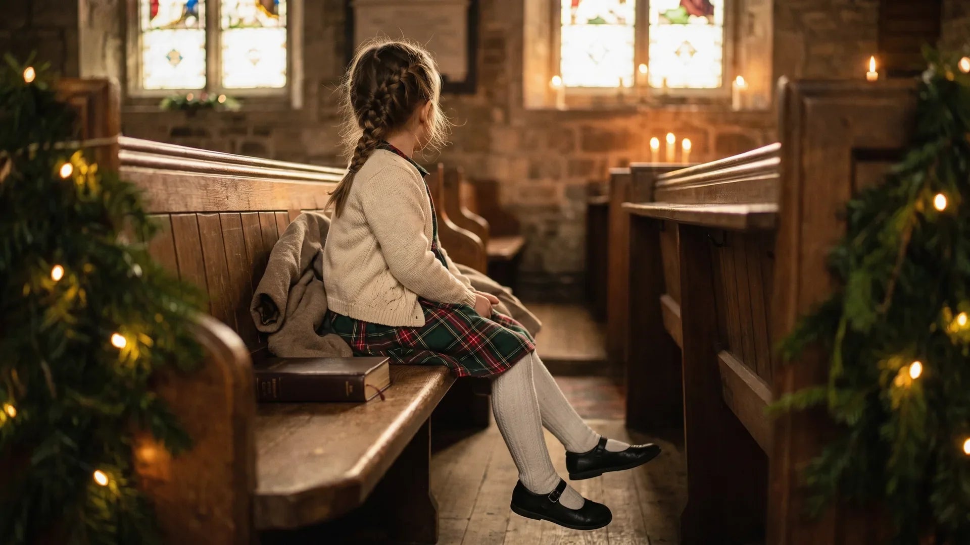 Toddler girl in a red velvet Christmas dress and white tights reaching for an ornament on the family tree at home