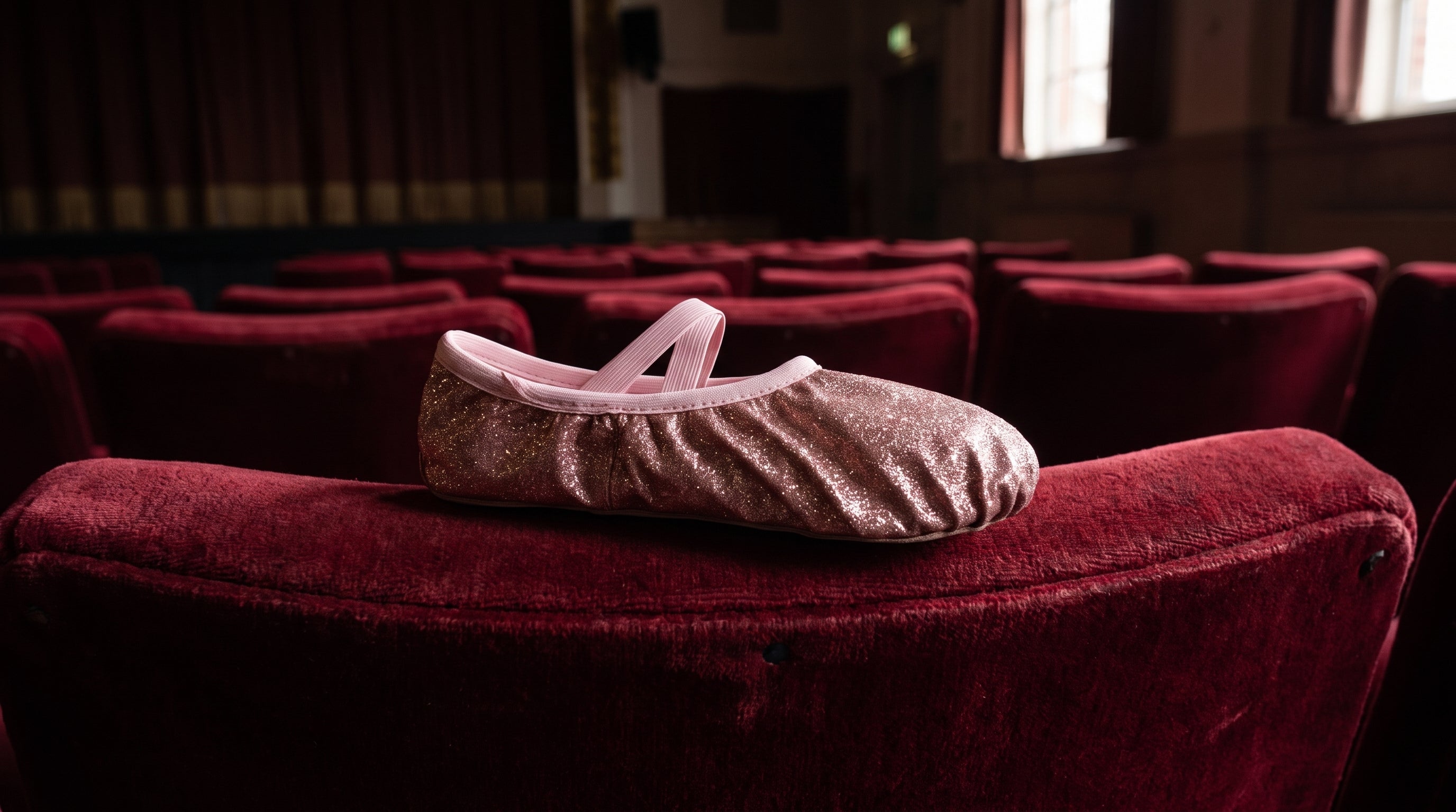 Rose gold glitter ballet shoe on a velvet theater seat evoking Cinderella's slipper