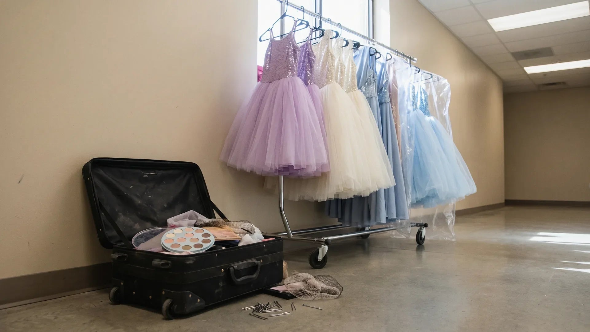 Girls' dance competition costumes hanging on a rolling rack backstage next to an open makeup case, showing the costs of competitive dance