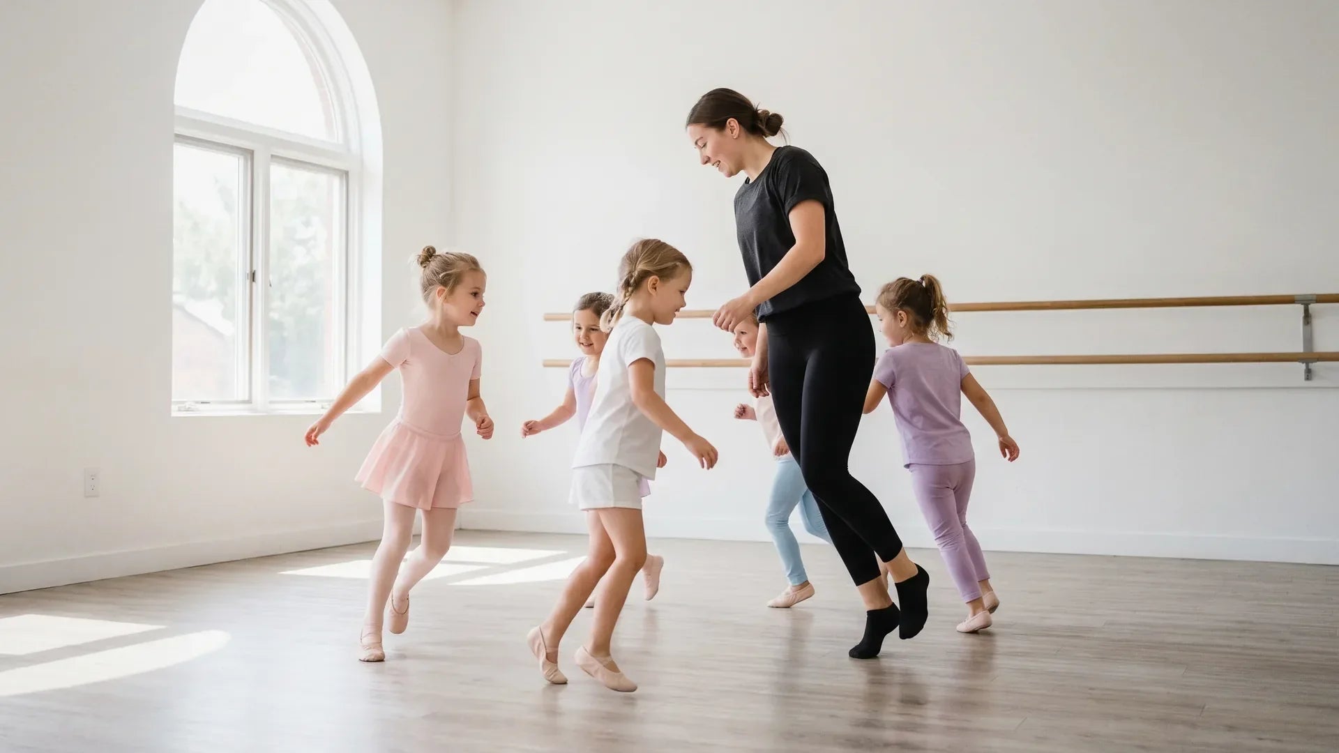 Kids following a contemporary dance teacher across the floor of a bright studio