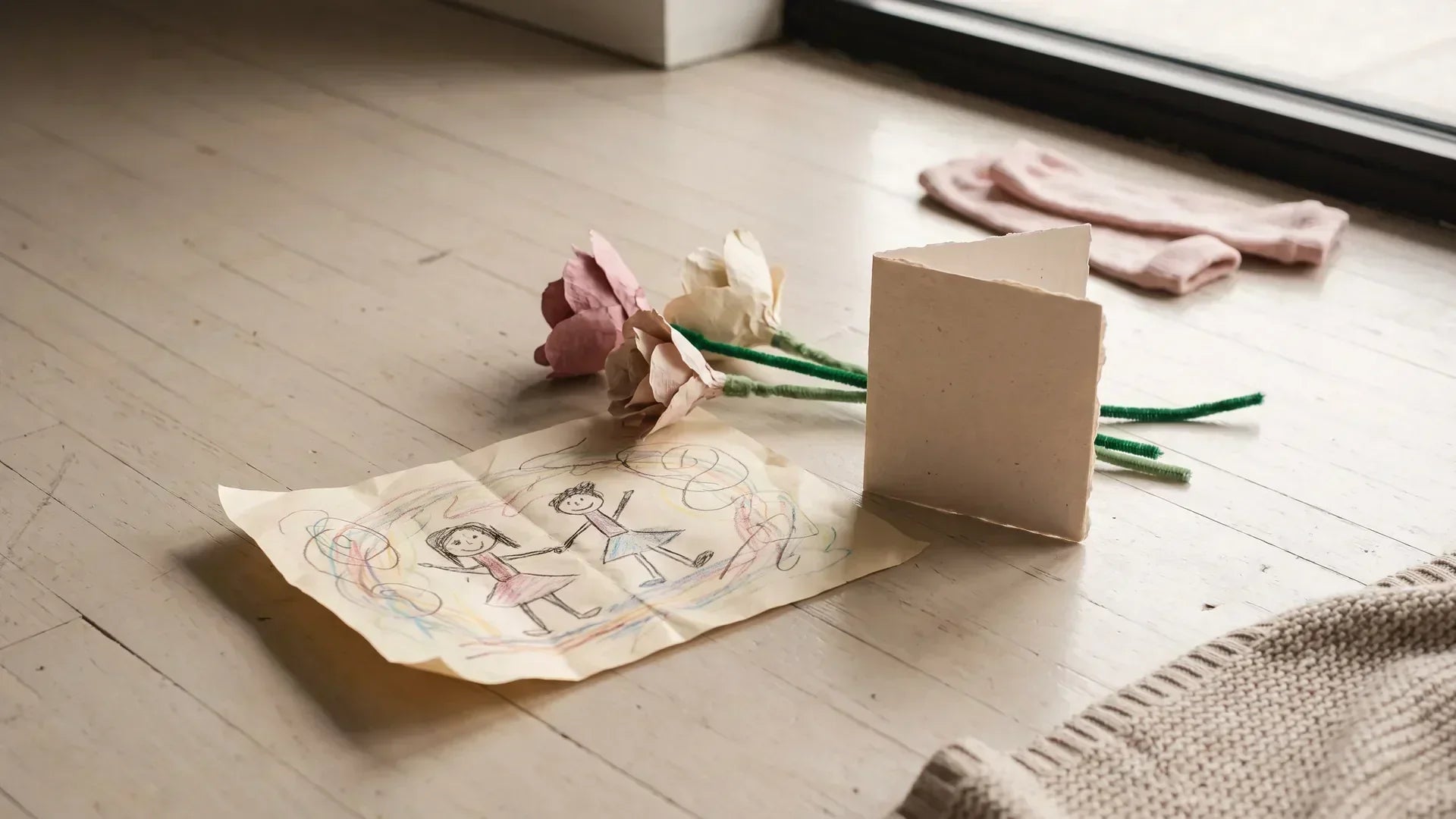 Kid-made dance teacher gifts: drawing, paper flowers and a handmade card