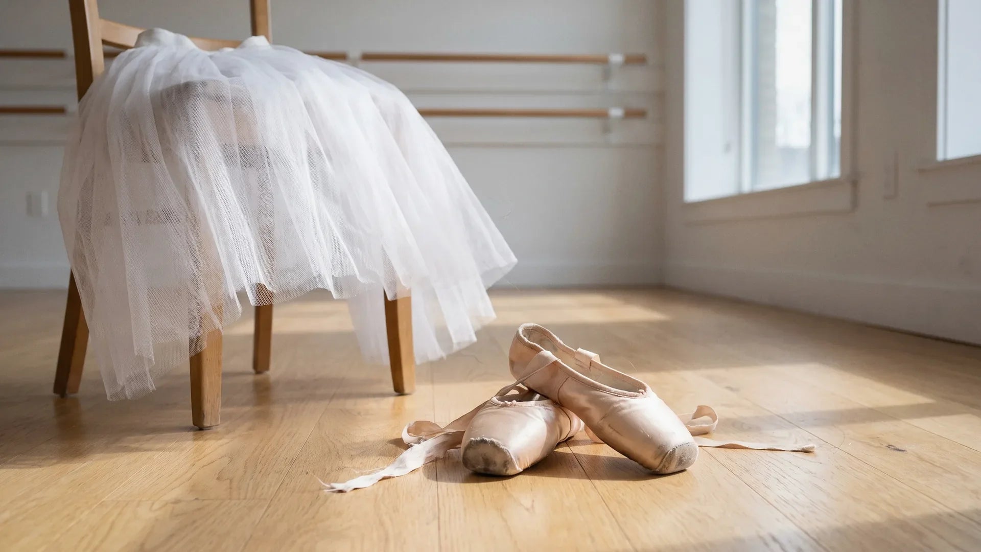 Well-worn pointe shoes and a tutu resting in a ballet studio, a nod to the most famous ballerinas in history