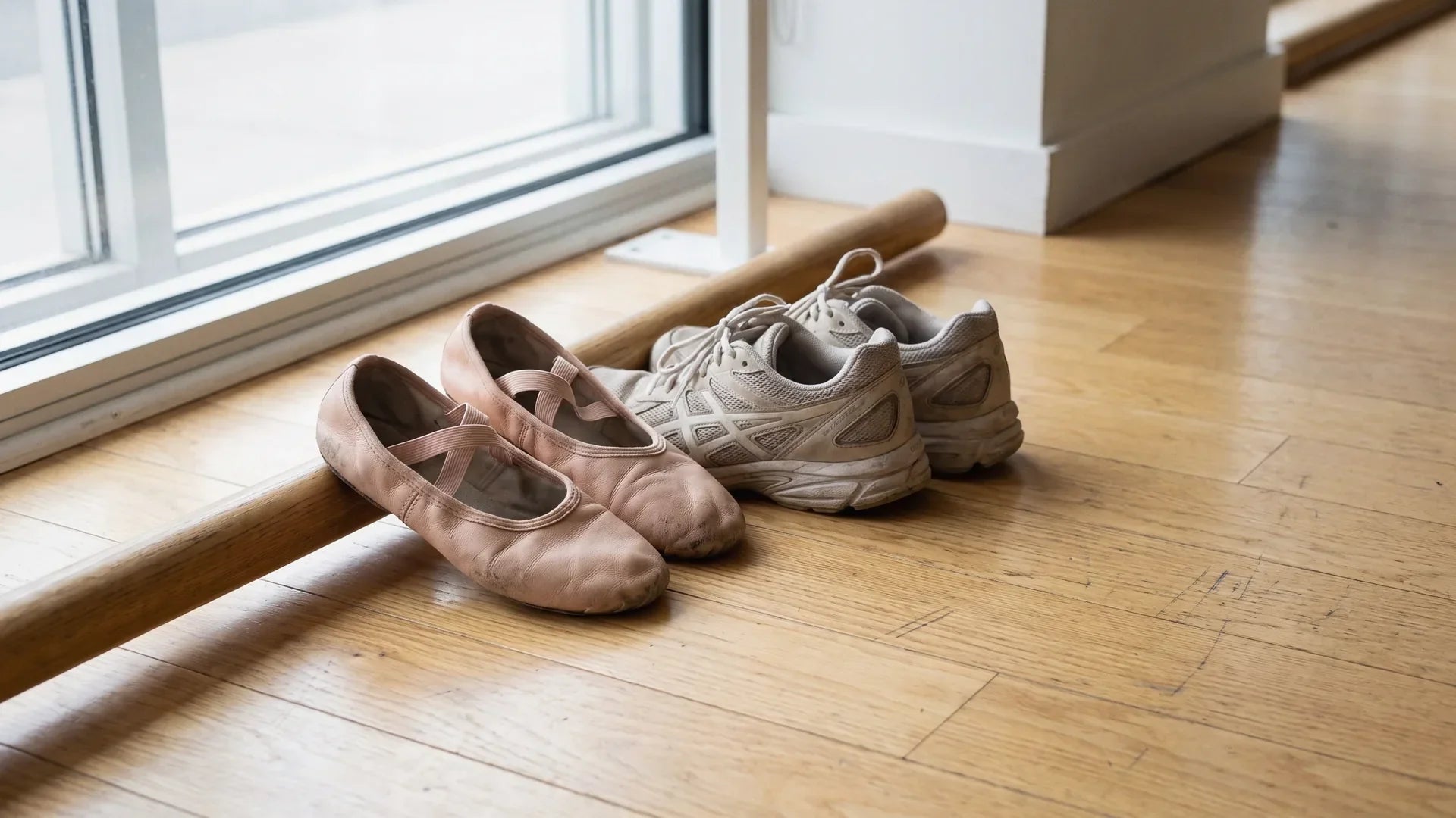 Worn pink ballet shoes next to athletic sneakers on a studio floor, asking whether ballet is a sport