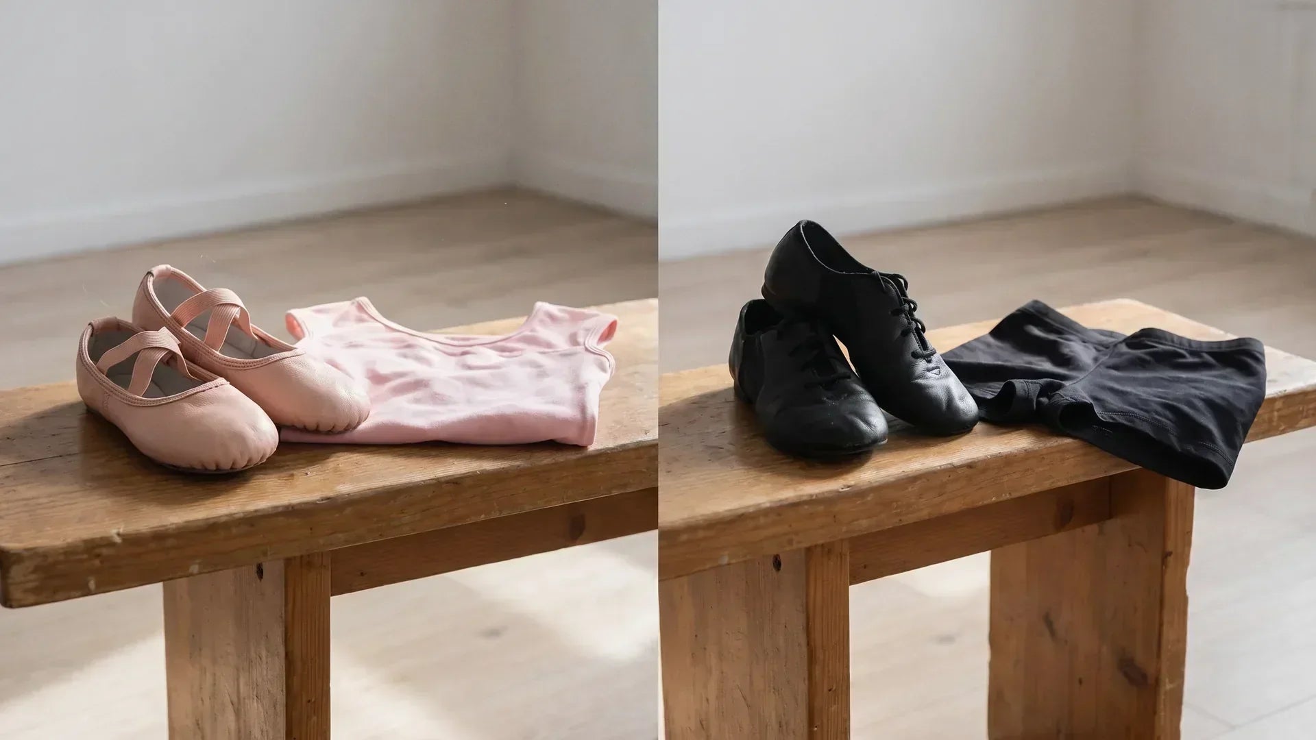 Jazz vs ballet: jazz shoes and ballet slippers with practice wear side by side