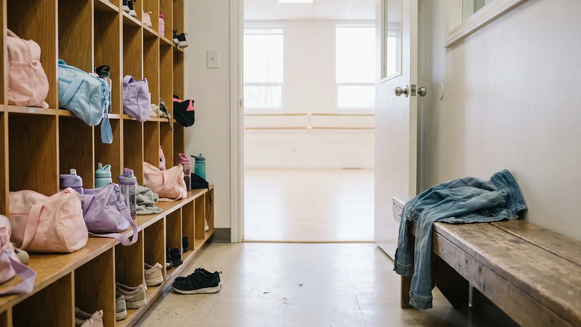 Dance studio corridor with cubbies and kids' dance bags before class