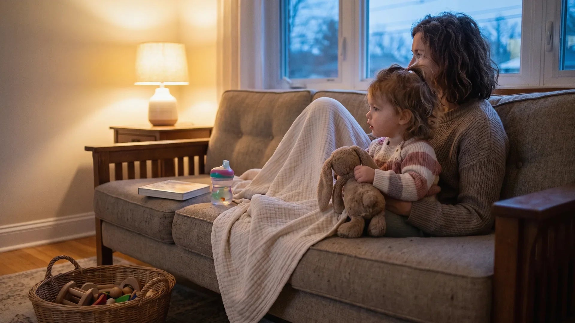 Mother and toddler girl cuddled on the living room sofa for calm co-viewing, the setup that suits low stimulation shows for toddlers