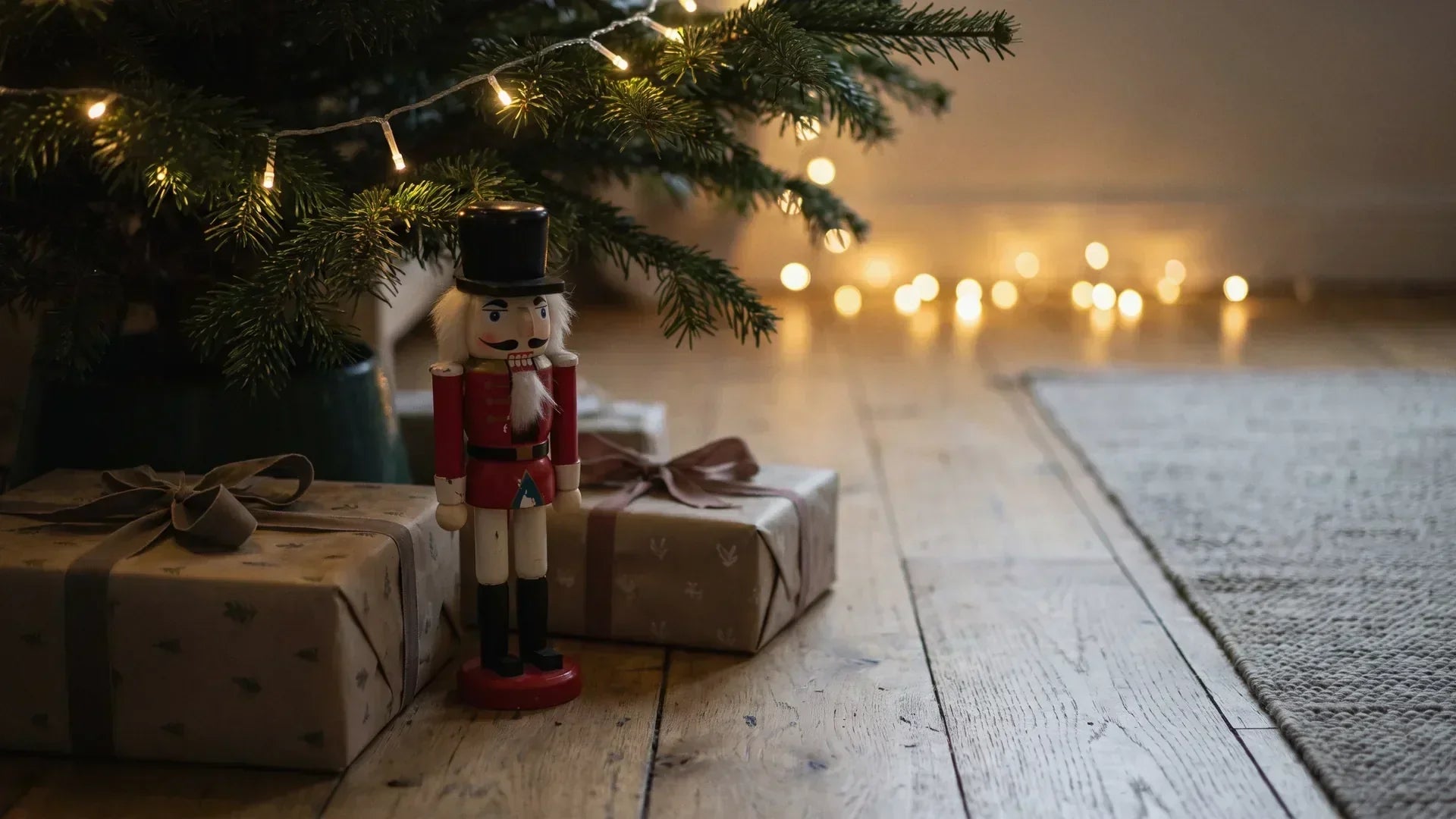 Nutcracker ballet story scene: a wooden nutcracker doll under a lit Christmas tree beside wrapped presents