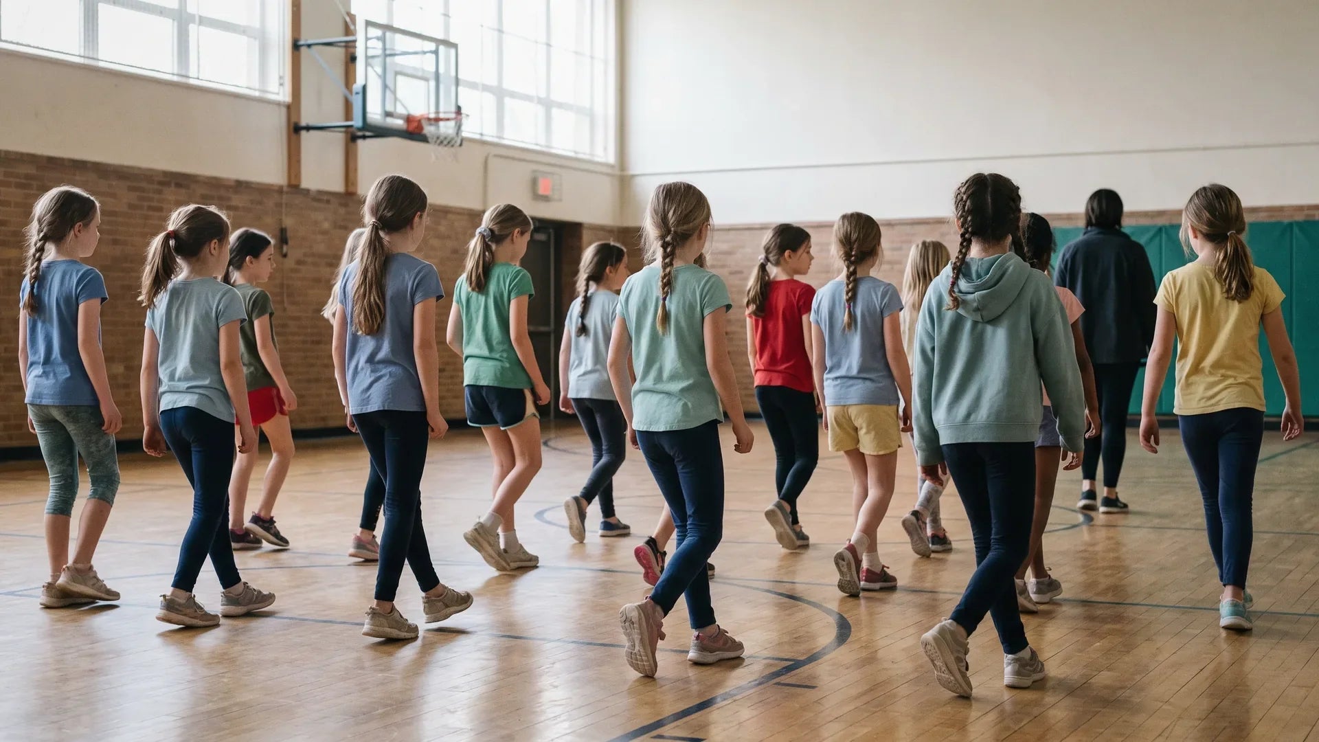 Group of girls standing in rows doing a line dance together in a school gym, seen from behind