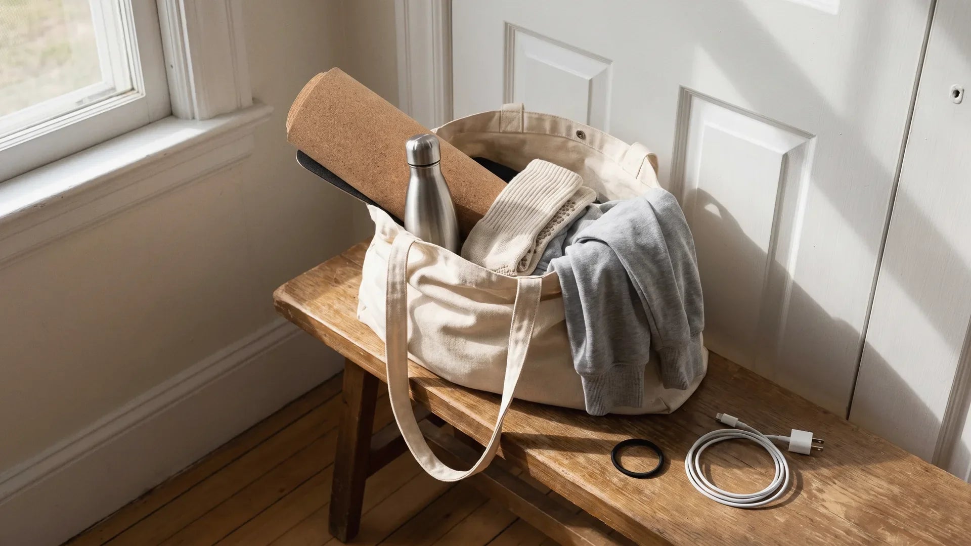 Open bag packed with a rolled yoga mat, water bottle, grip socks, and a light layer, the simple checklist for a first yoga class