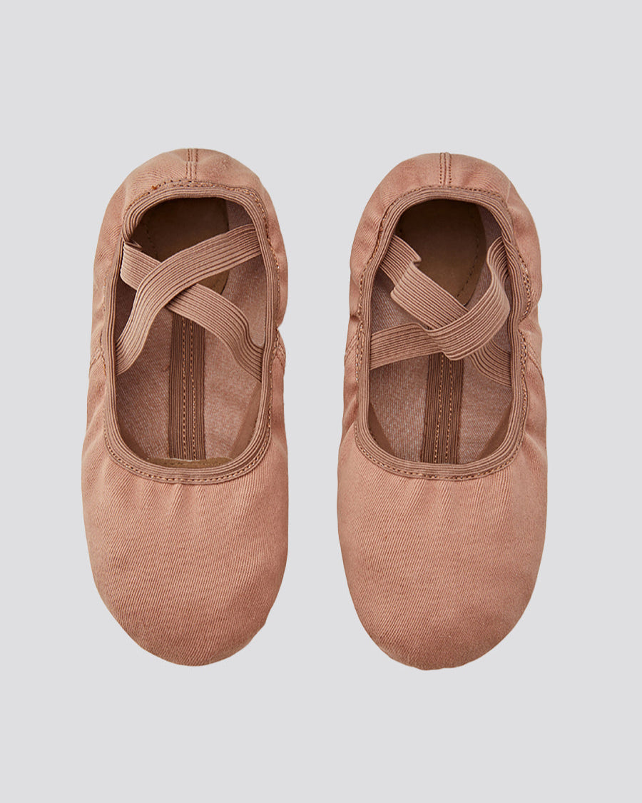 Tan split sole canvas ballet shoes front view