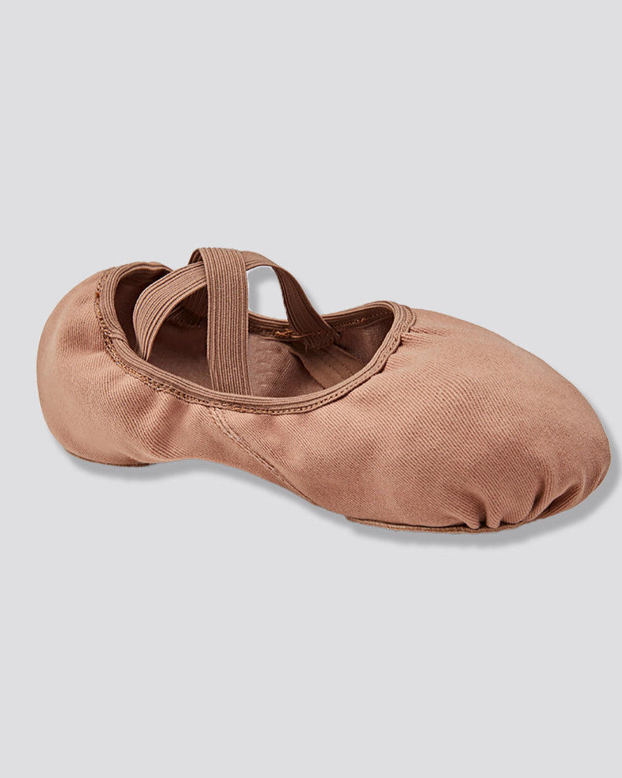 Tan stretch canvas ballet shoes side view