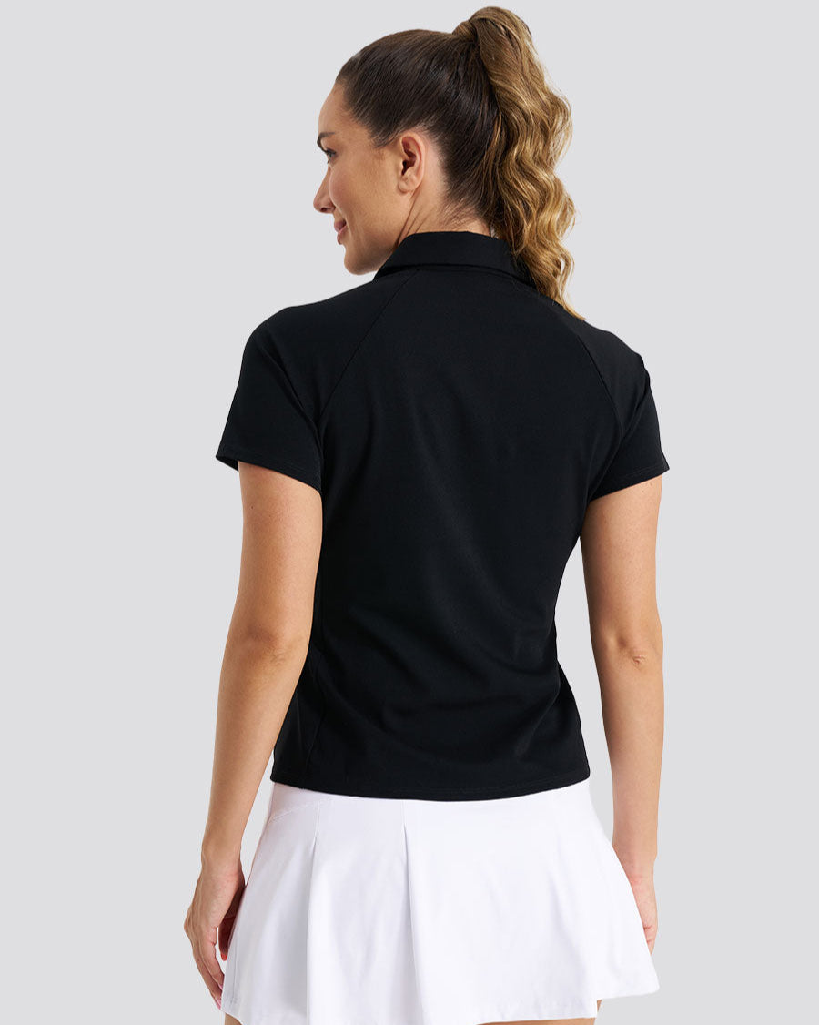 Black womens polo shirt back view