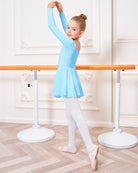Girls Long Sleeve Ballet Leotards with Sheer Skirt in Pool Blue