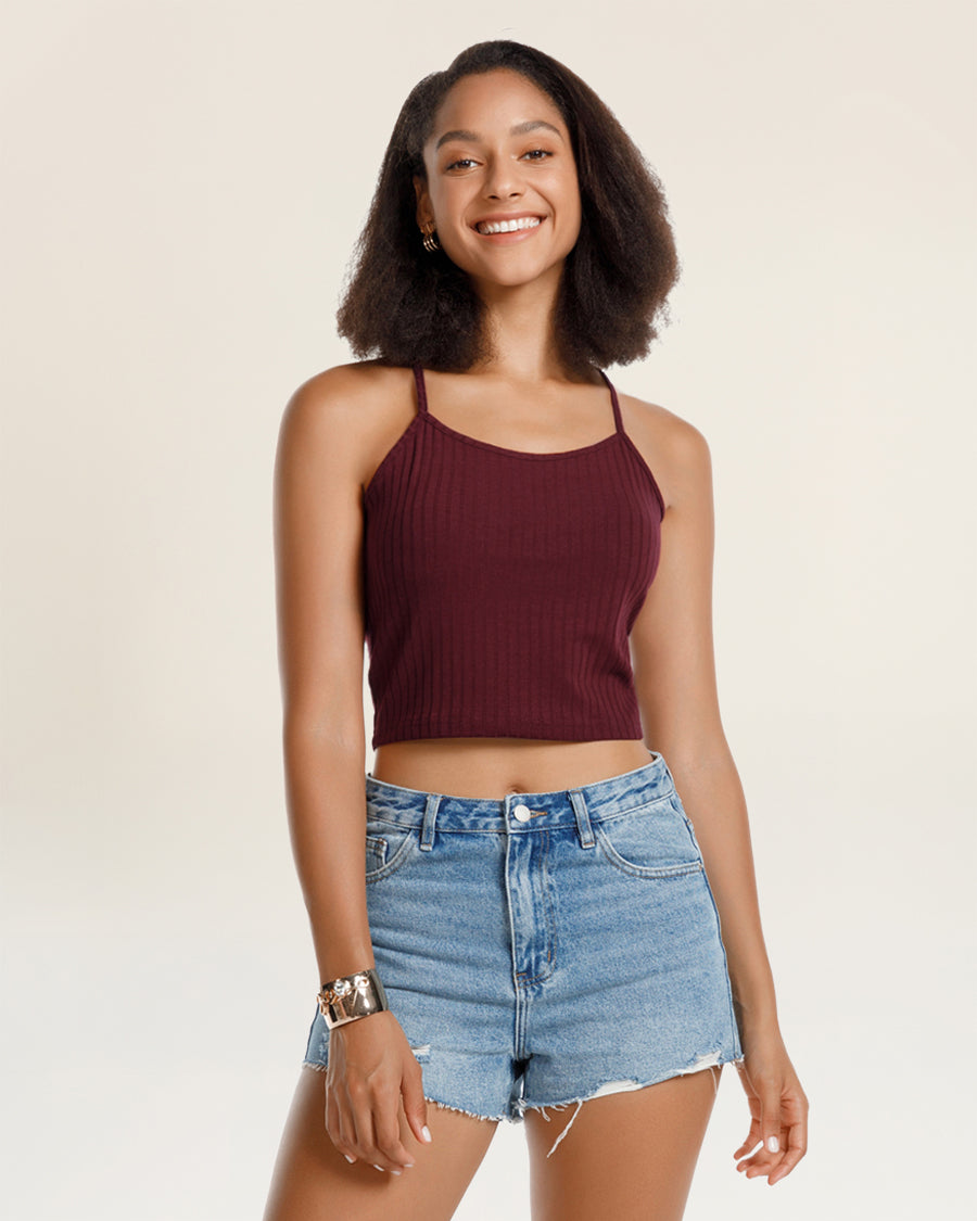 Burgundy Ribbed Knit Cami Crop Top