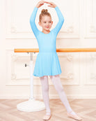 Girls Long Sleeve Ballet Leotards with Sheer Skirt in Pool Blue
