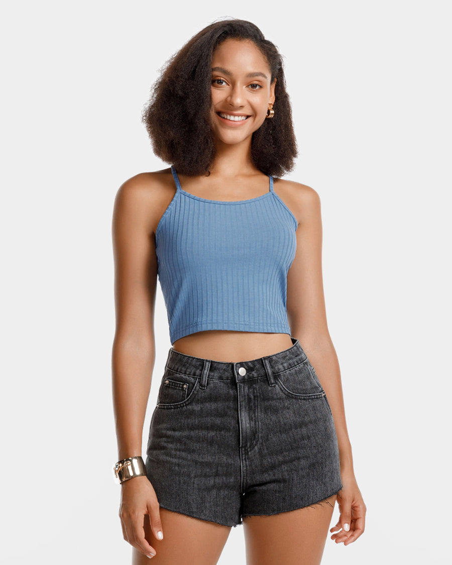 Blue Ribbed Knit Cami Crop Top