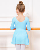 Girls Long Sleeve Ballet Leotards with Sheer Skirt in Pool Blue