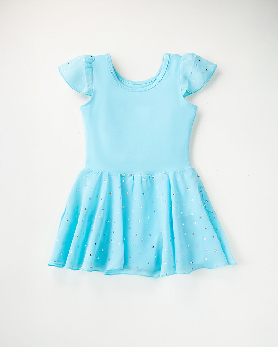 Girls Sparkling Flutter Sleeves Dress in Pool Blue