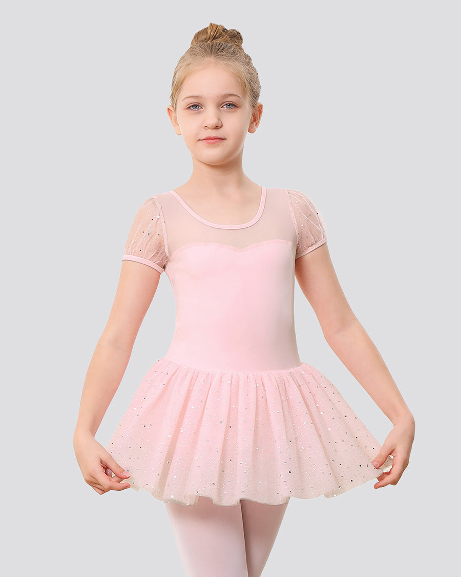 Ballet Pink Girls Sparkling Sweetheart Mesh Inserted Short Sleeves Tulle Dress