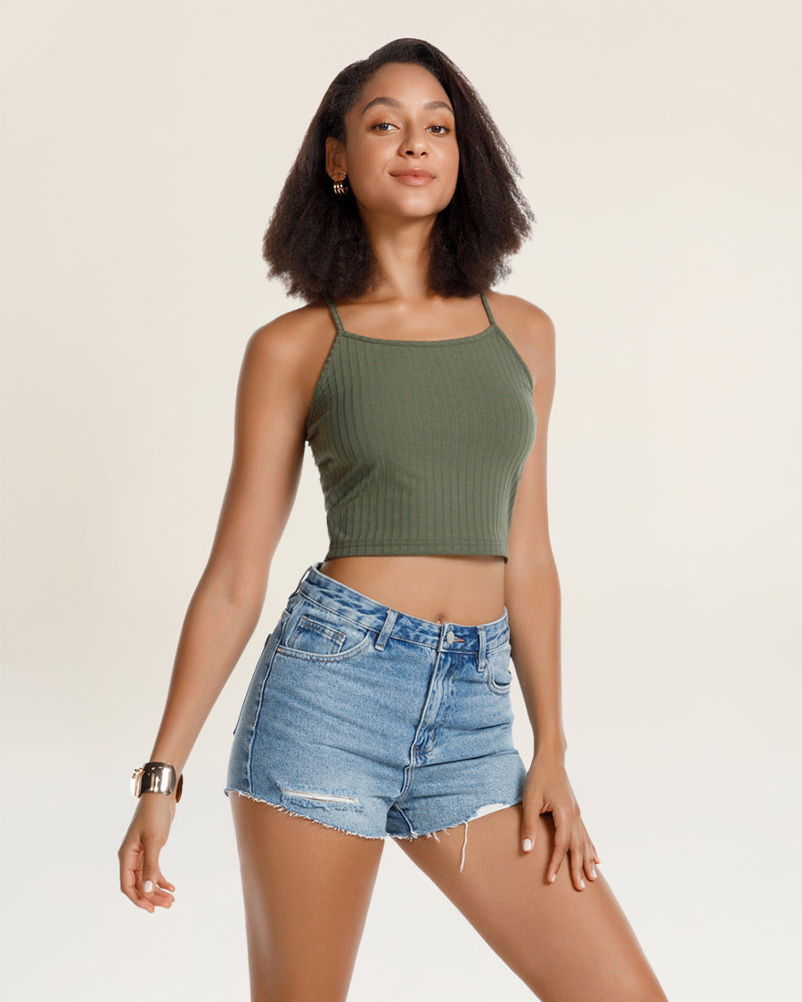 Green Ribbed Knit Cami Crop Top