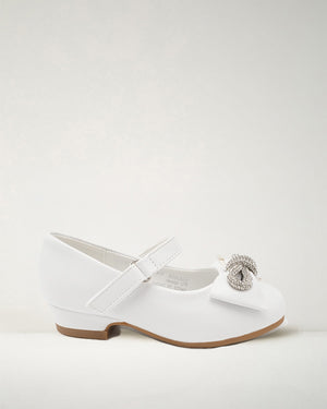 White Girls Mary Jane Shoes - Closed Toe & Rhinestone Bow