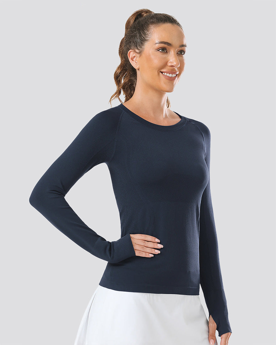 Navy Seamless Long Sleeve Tops (Thumb Hole)