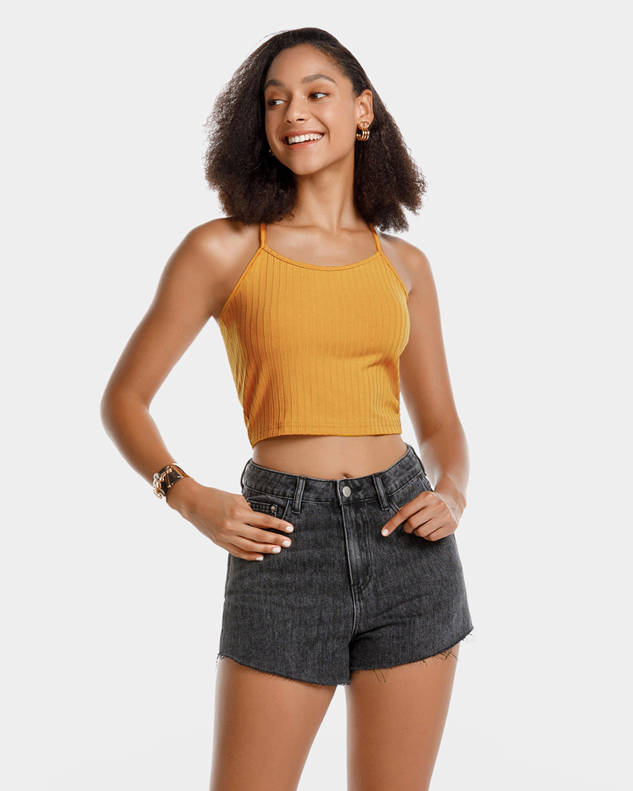 Yellow Ribbed Knit Cami Crop Top