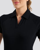 Black womens polo shirt front view detail