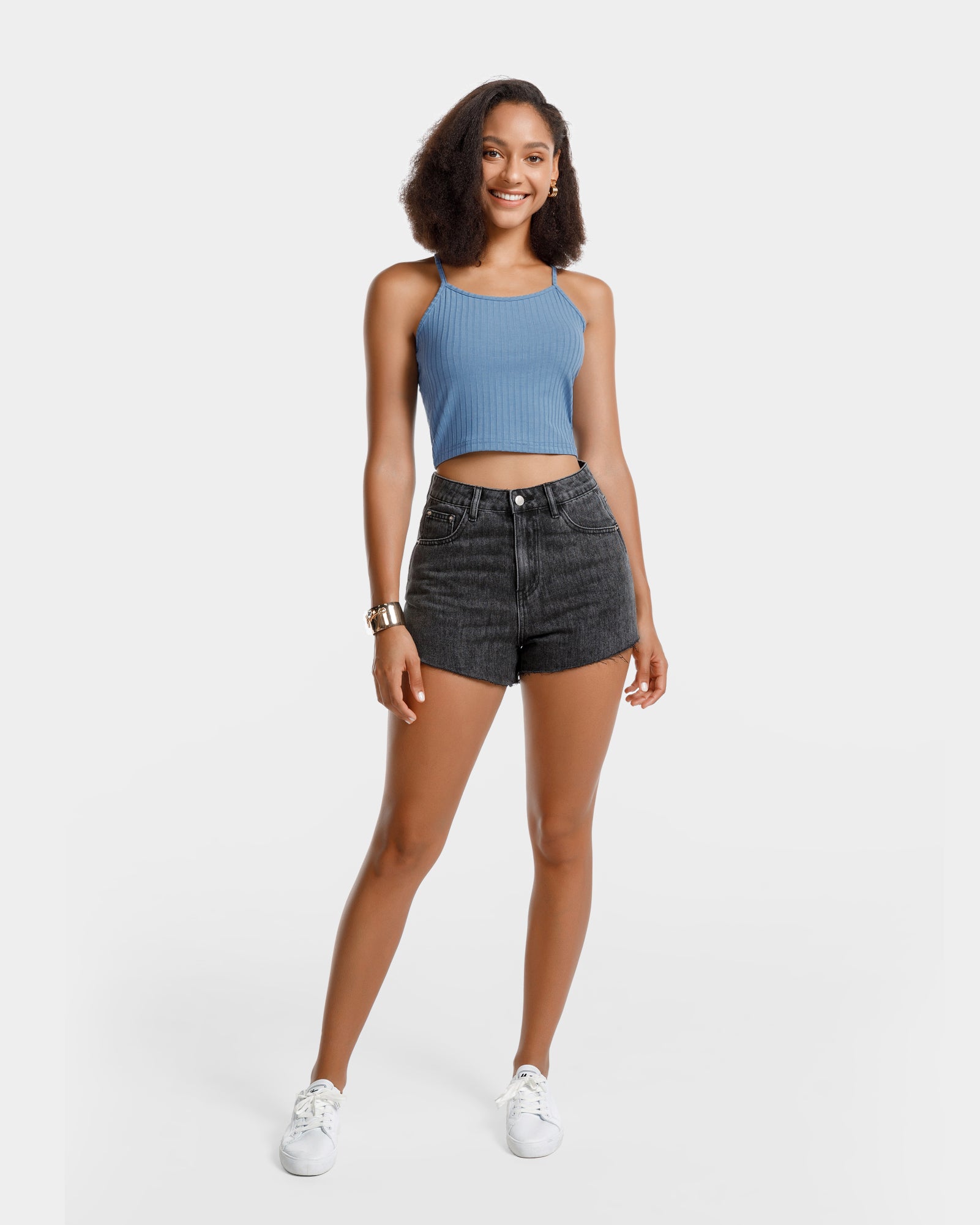 Blue Ribbed Knit Cami Crop Top