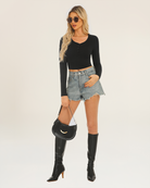 Black Cropped Henley | Long-Sleeve V-Neck Shirt
